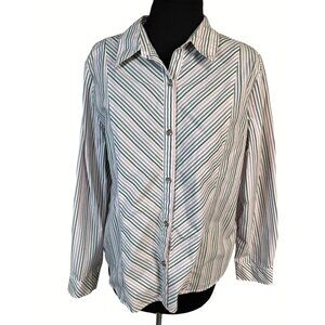 Alfred Dunner Petite 16P Striped Button-Up Long Sleeve Shirt Purple Pink Gray